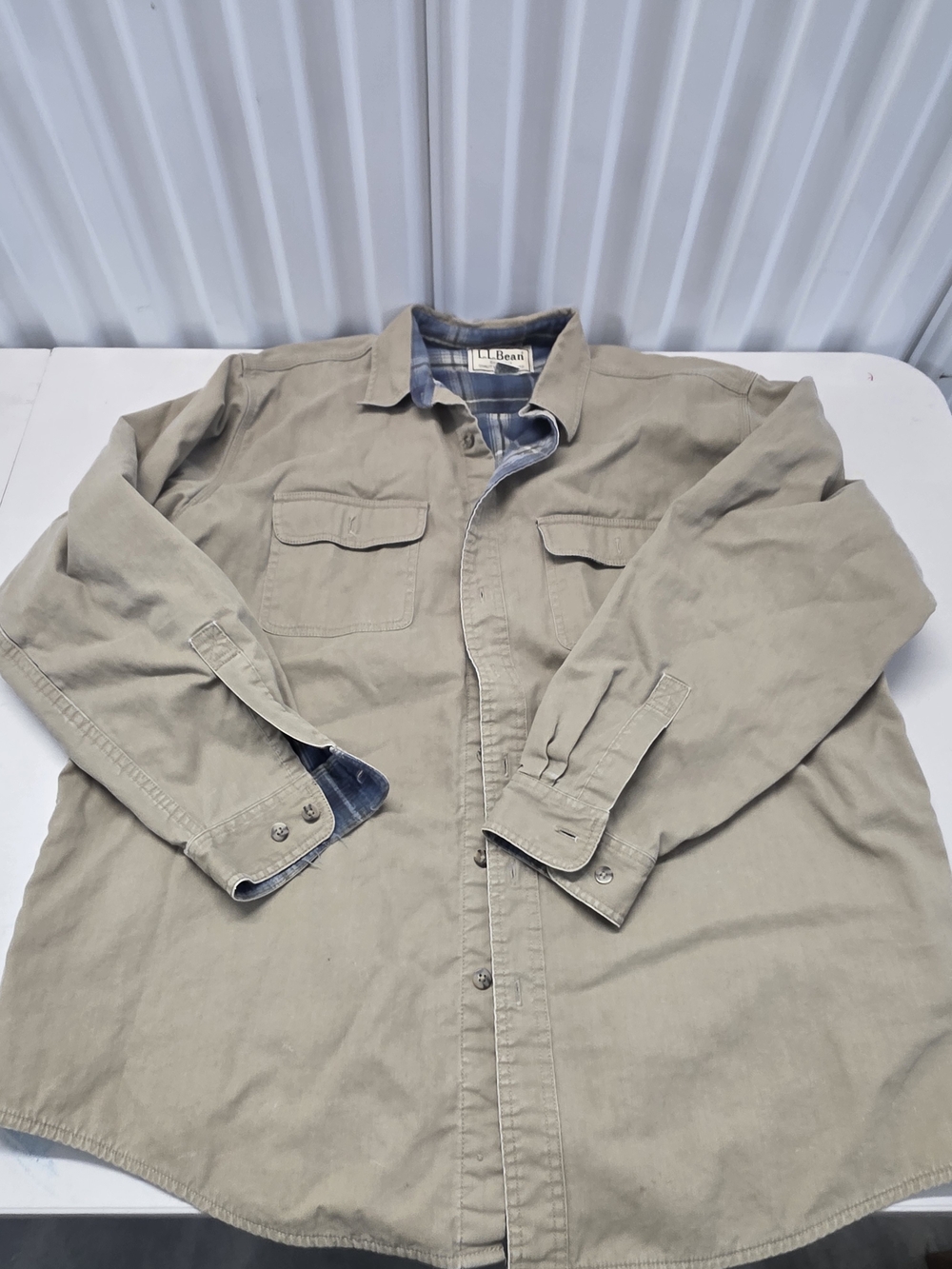 LL Bean Mens XL Vintage Plaid Lined Barn Chore Shirt Jacket Tan Canvas